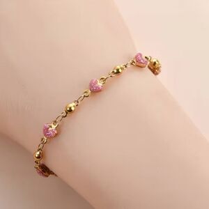 18K Gold Plated Stainless Pink Heart Beaded Bracelet Dainty Crystal Adjust Chain